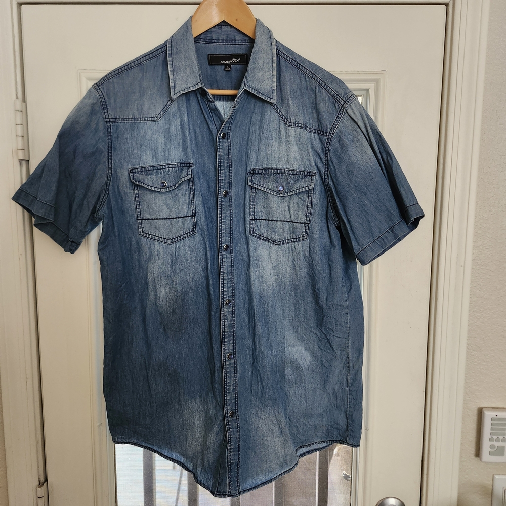 Coastal Casual Denim Blue Button Down Western Snap L Large Shirt